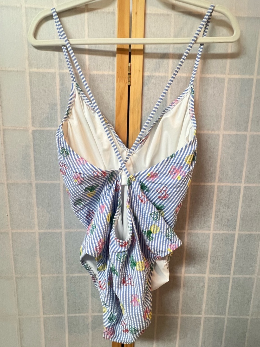 J. CREW NWT One Piece Swimsuit Size 12 Blue White Seersucker Criss Cross Back - Picture 3 of 11